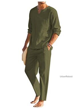 Men's Cotton Linen 2 Piece Outfit Henley Shirt and Jogger Pants Set